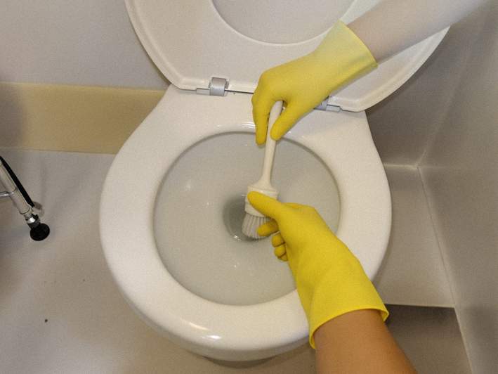 ゴム手袋を着用し、便器内の水位を調整する様子