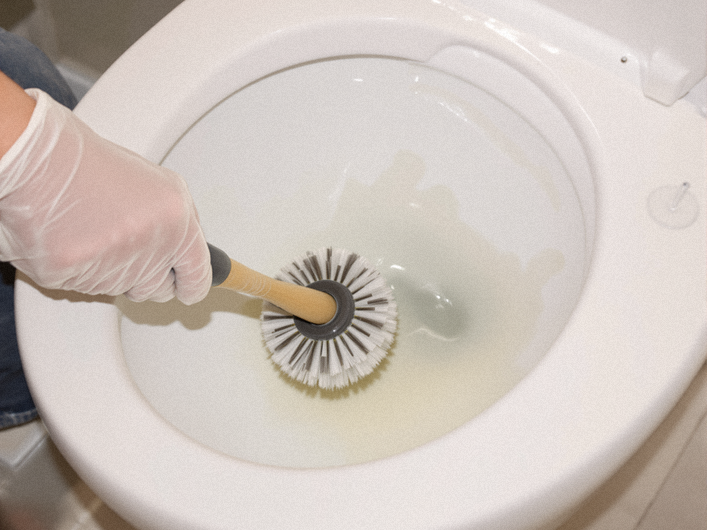 トイレブラシで便器をブラッシングしている様子