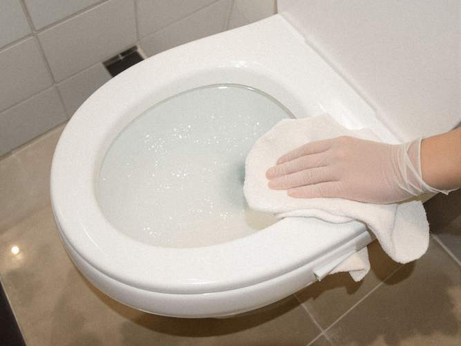 水を流して便器を洗い流し、拭き上げている様子